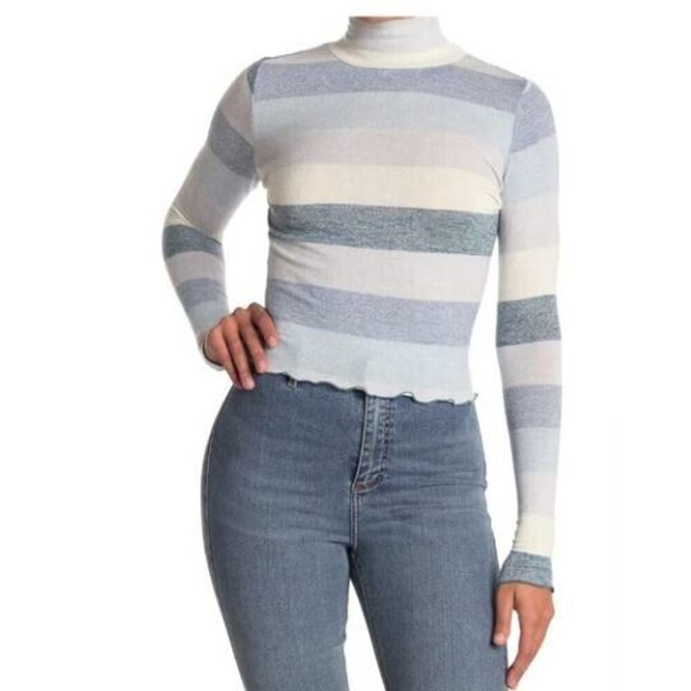 Love,Fire Womens Lettuce Edge Mock Neck Long Sleeve Top LT. Blue Multi Stripe XL